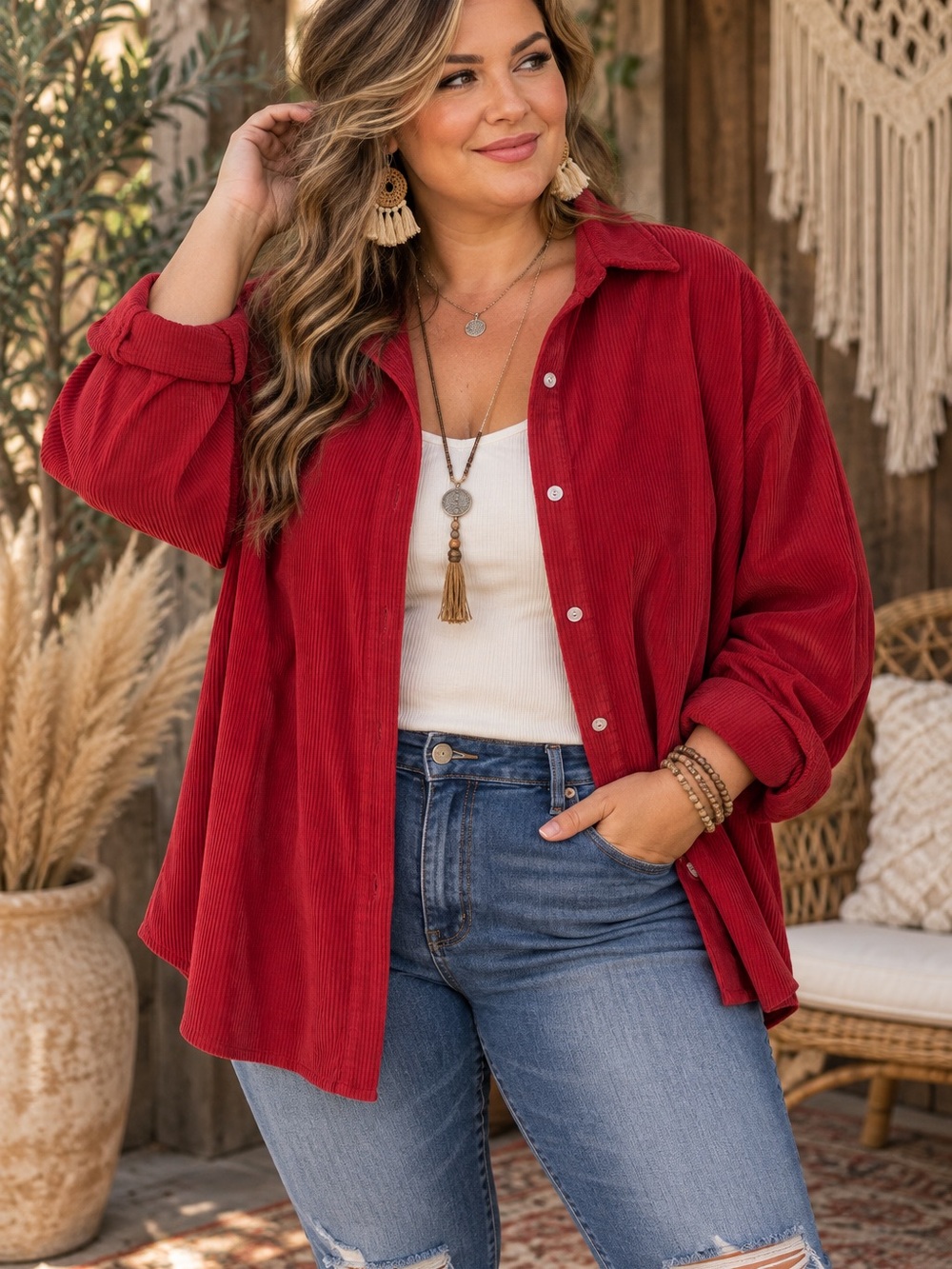 Red Corduroy Button-Down Shirt - Relaxed Women's Top